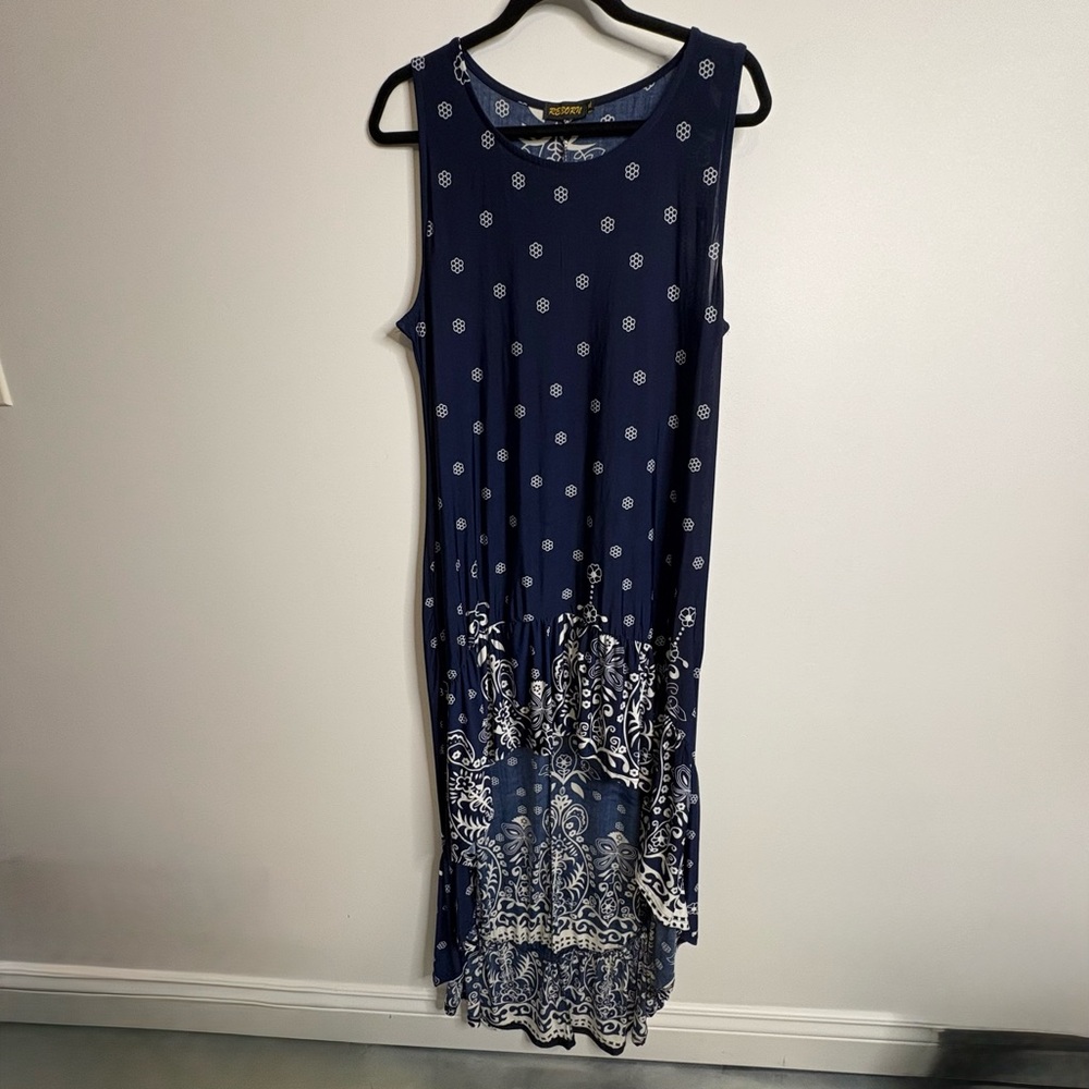 Reborn Navy and White High Low Dress XL Suzani Print